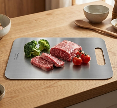 Vanotium stainless steel cutting board with steak, broccoli and tomatoes